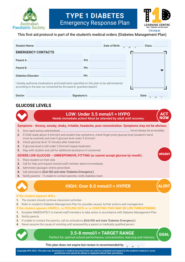 T1D Emergency Response Plan lower glucose limit 3.5mmol