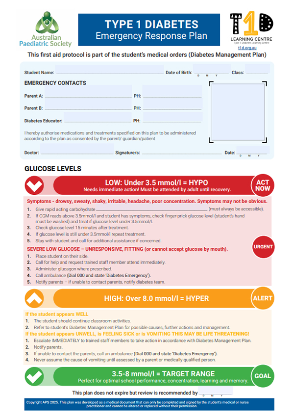 APS T1D Emergency Response Plan lower limit 3.5mmol