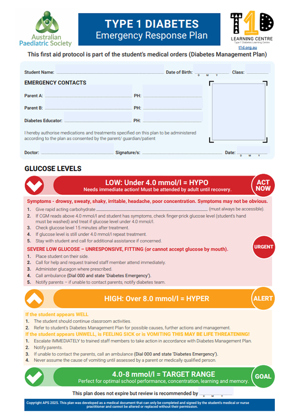 APS T1D Emergency Response Plan lower limit 4.0mmol